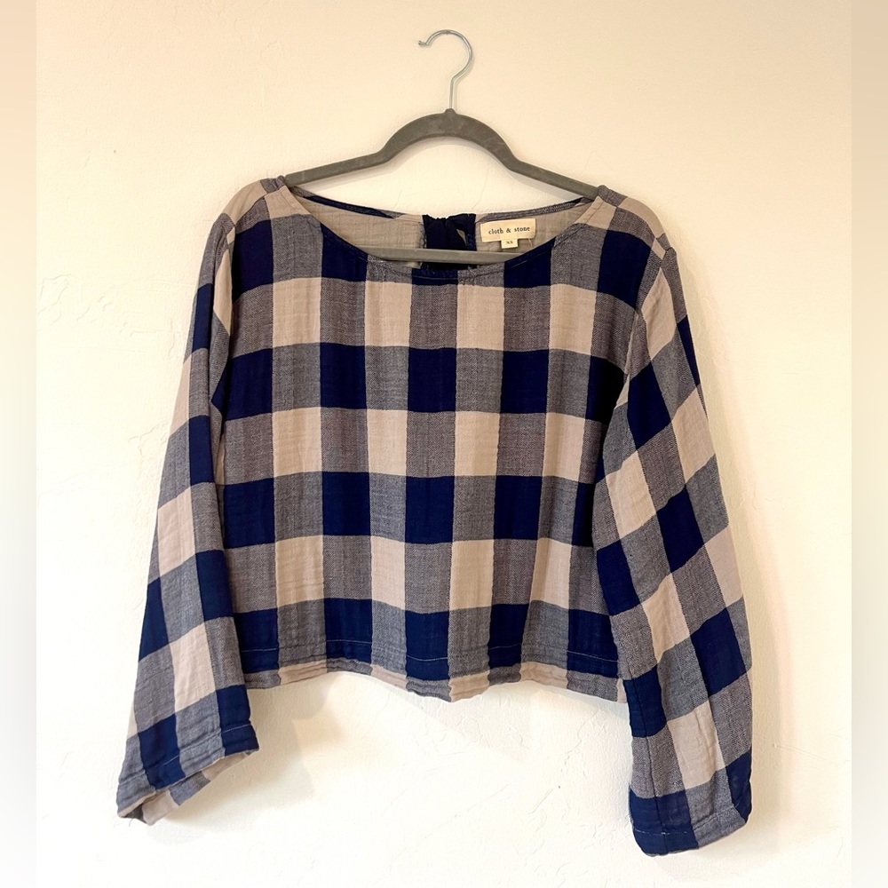 cloth and stone blue and khaki plaid shirt, size XS - perfect for fall!